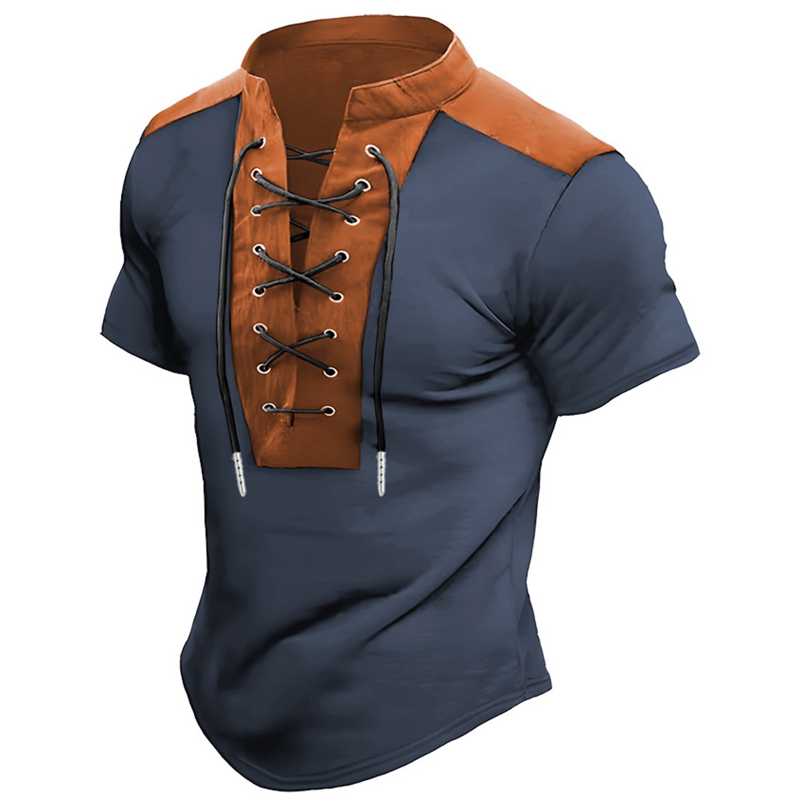 thumbnail image 2 of Camisa de manga corta con cuello alto y bloques de color para hombre - Cuello en V informal y cómodo - Poliéster/spandex, tallas M-XXXL, 2 of 4
